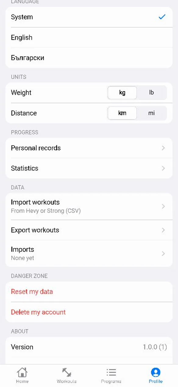 The Profile screen with Import workouts, from Hevy or Strong (CSV), in the Data section. A short silent clip imports my Hevy export.