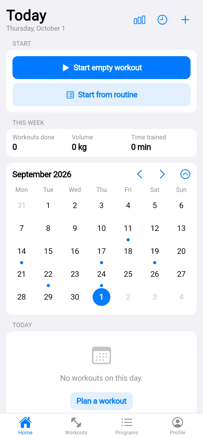 The Today screen with the month calendar open on September 2026 and a dot under every day I trained.