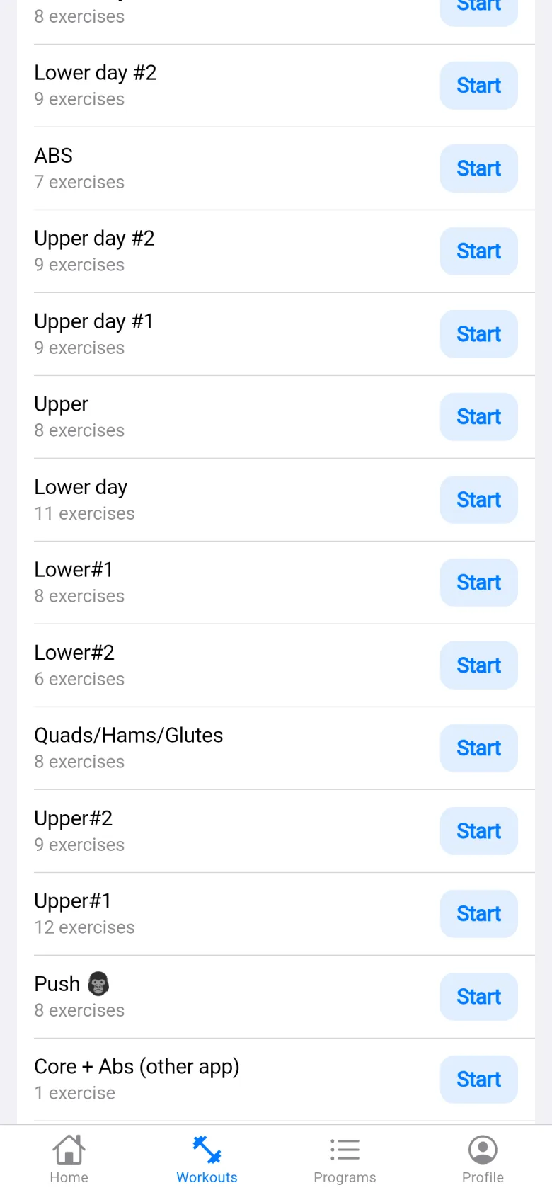 The Workouts tab: a long list of my routines, each with a Start button.