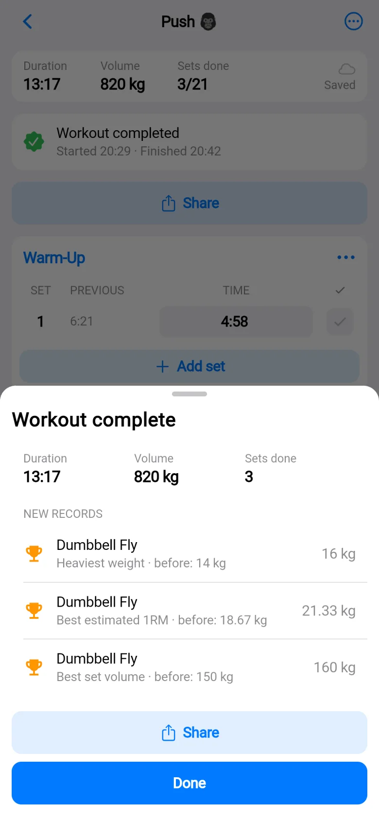 The Workout complete sheet listing three new records for Dumbbell Fly, each with the old best beside it.