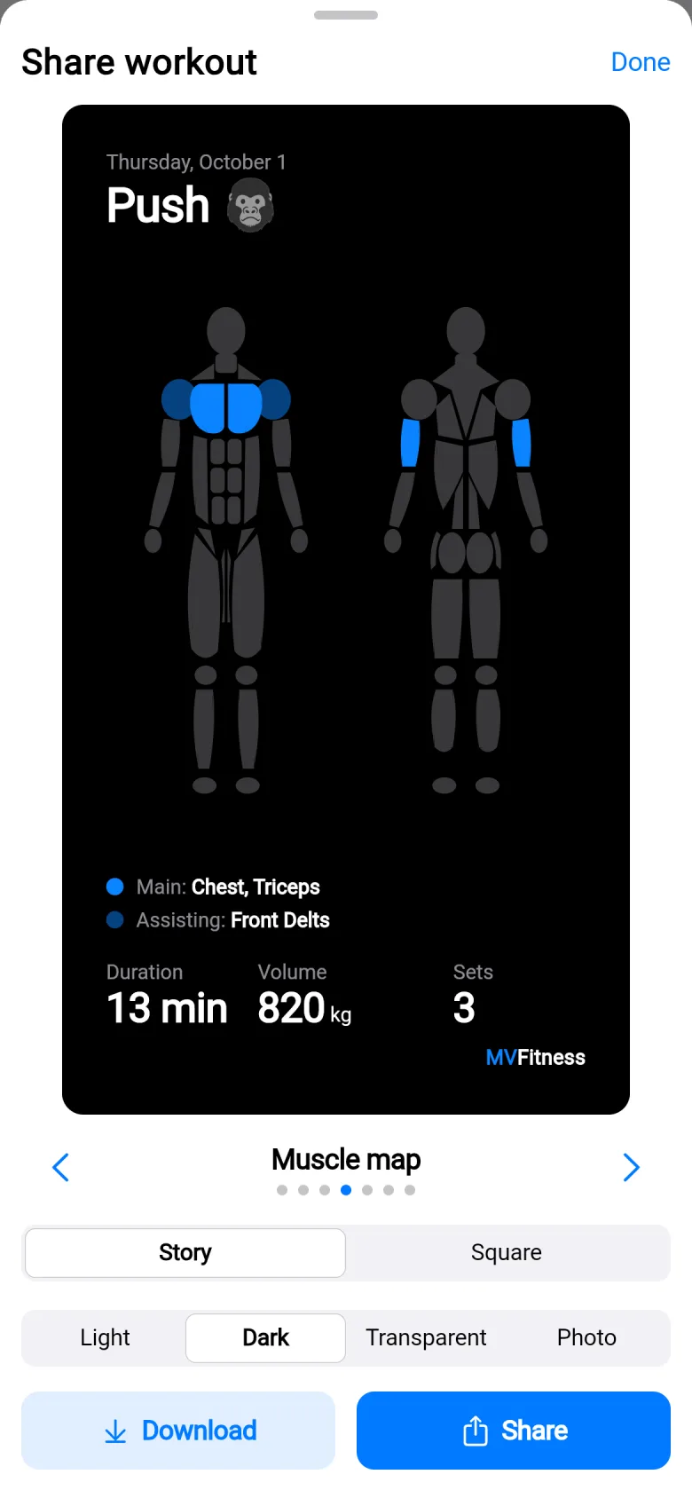 The Share workout sheet with a dark muscle-map card, a choice of Story or Square and Light, Dark, Transparent or Photo, and Download and Share buttons.