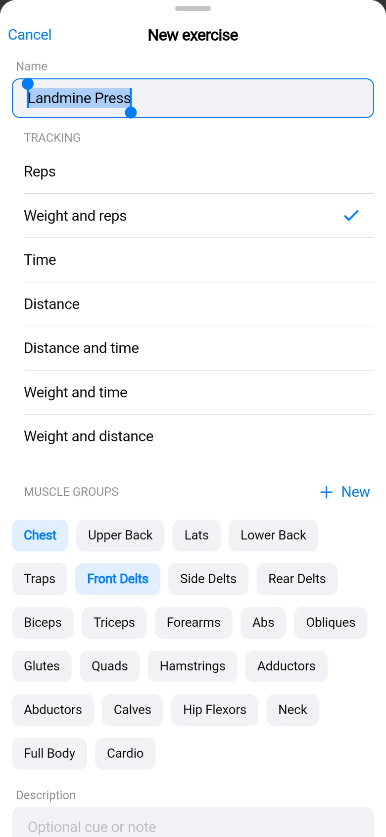 The new exercise form: the name Landmine Press typed in, and a list of ways to track it: reps, weight and reps, time, distance and more.
