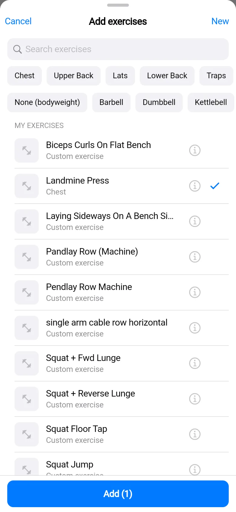 The exercise picker with muscle and equipment filter chips on top, and my custom exercise Landmine Press ticked in the list.
